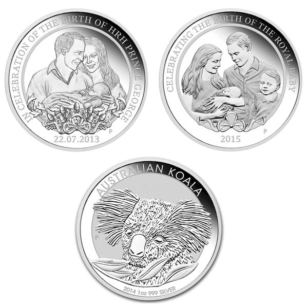 The Perth Mint;  2014 Australian Koala, 2013 HRH Prince George &  HRH Princess Charlotte.  Lot of 3 
