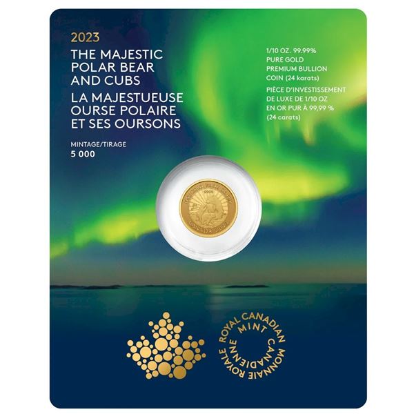 2023 $5 The Majestic Polar Bear and Cubs - Pure Gold Coin.  Tax Exempt.