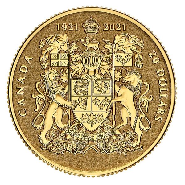 2021 $20 100th Anniversary of Canada's Coat of Arms - Pure Gold Coin.  Tax Exempt.