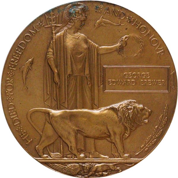 Militaria Medal;  Canadian/British Memorial Death Plaque of WWI to ''GEORGE EDWARD BREWER''.