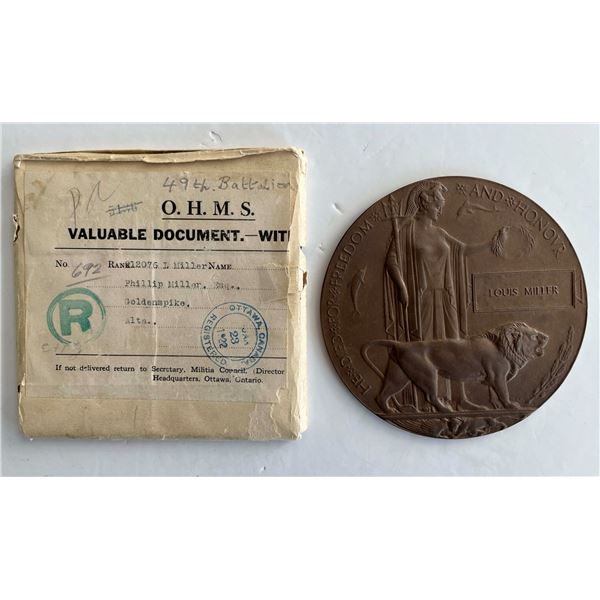 Militaria Medal;  Canadian/British Memorial Death Plaque of WWI to ''LOUIS MILLER''in original holde