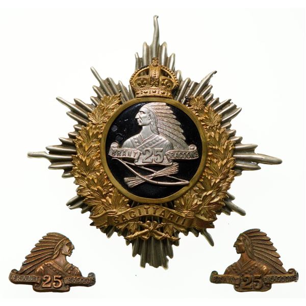 Militaria Insignia;  Helmet Plate Badge - 25th Brant Dragoons Cavalry Troopers 2 pc example. 11cm x 