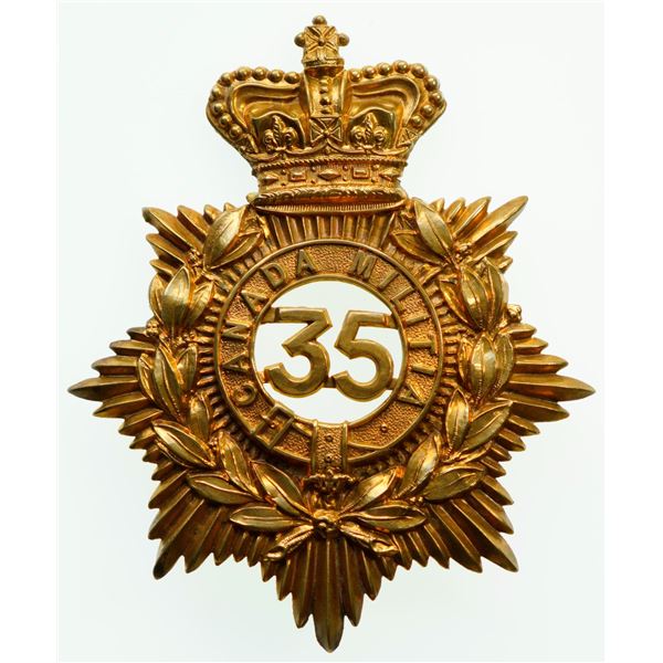 Militaria Insignia;  Helmet Plate Badge - 35th Battalion. The Simcoe Foresters QVC Gilded example.  