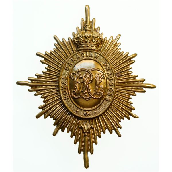 Militaria Insignia;  Helmet Plate Badge - The Royal Canadian Dragoons. two-piece 1895 Brass Victoria