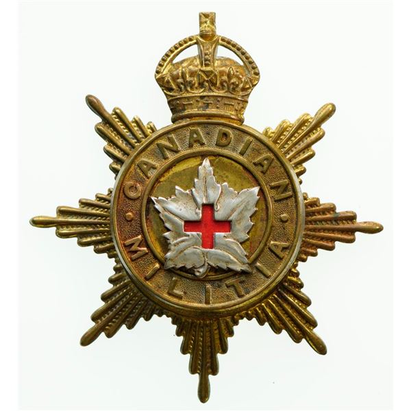 Militaria Insignia;  Helmet Plate Badge - 1908 Canadian Army Medical Corps Victorian gilded example.
