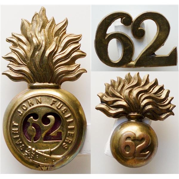 Militaria Insignia Pre WW1;  62nd Regiment Saint John Fusiliers Officers busby grenade. Cap. Badge &
