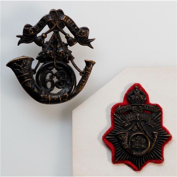 Militaria Insignia Pre WW1; 63rd Halifax Rifles Cap Badge & Badge w/folding clips on back.  Lot of 2