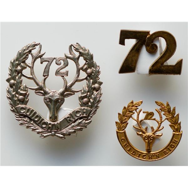 Militaria Insignia Pre WW1;  72nd Regiment Seaforth Highlanders of Canada Cap & Pill Box Hat Badges.