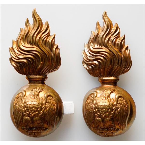 Militaria Insignia Pre WW1;  Royal Irish Fusiliers Busby Grenades.  Lot of 2 pcs.  One repaired.  Se