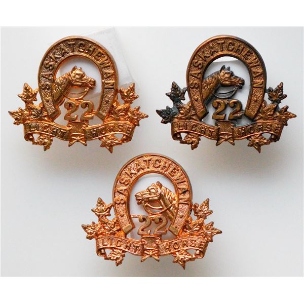 Miliaria Insignia;  Canadian Pre-WW1 22nd Saskatchewan Light Horse Cap & Collar Badges.  Lot of 3 pc