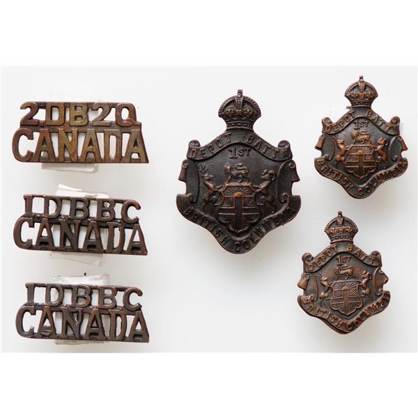 Militaria Insignia C.E.F. WW1; 1st Depot Battalion (British Columbia) Cap. Collar Badges & Shoulder 