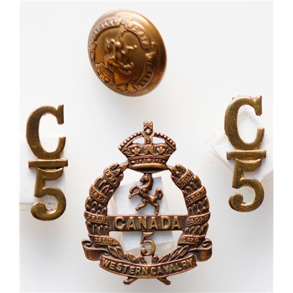 Militaria Insignia C.E.F. WW1; 5th Battalion (Western Cavalry) Cap. Collar Badges & Button.   Lot of