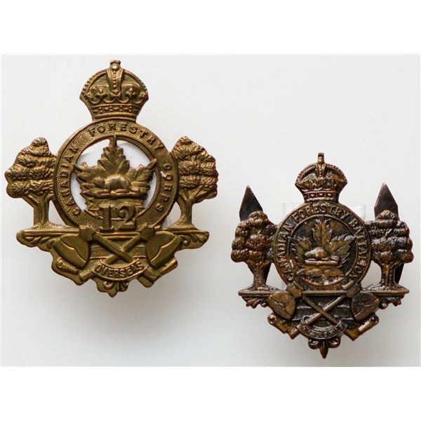 Militaria Insignia C.E.F. WW1; 12th Forestry Corps Cap Badge & Canadian Forestry Collar badge.  Lot 