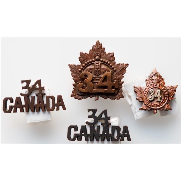 Militaria Insignia C.E.F. WW1; 34th Battalion (Guelph) Cap. Collar & Shoulder Badges.  Lot of 4 Pcs.