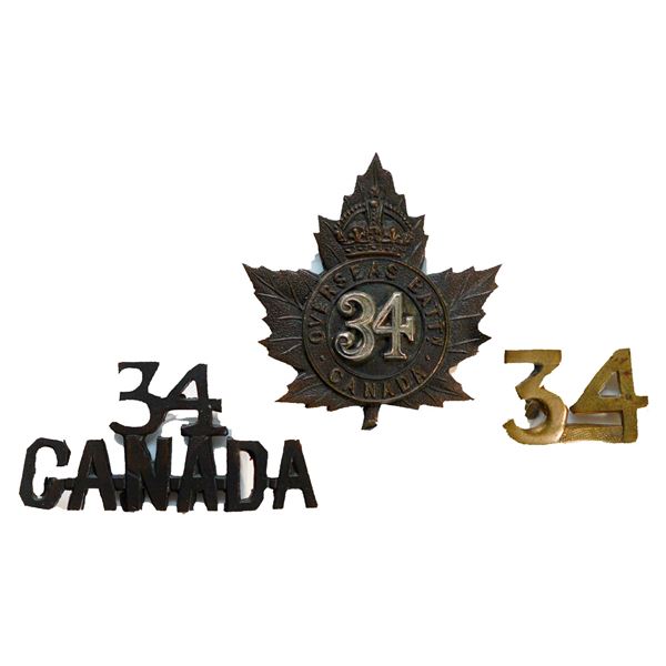Militaria Insignia C.E.F. WW1; 34th Infantry Overseas Battalion Cap Badge (vertical lugs) & Shoulder