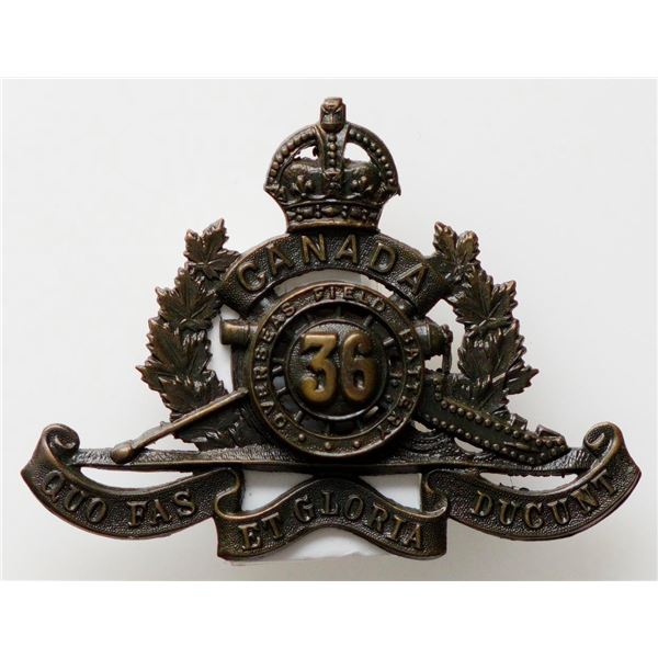 Militaria Insignia C.E.F. WW1; 36th RCA Overseas Depot Battery (Hamilton) Cap Badge.  66 x 50mm.  Se