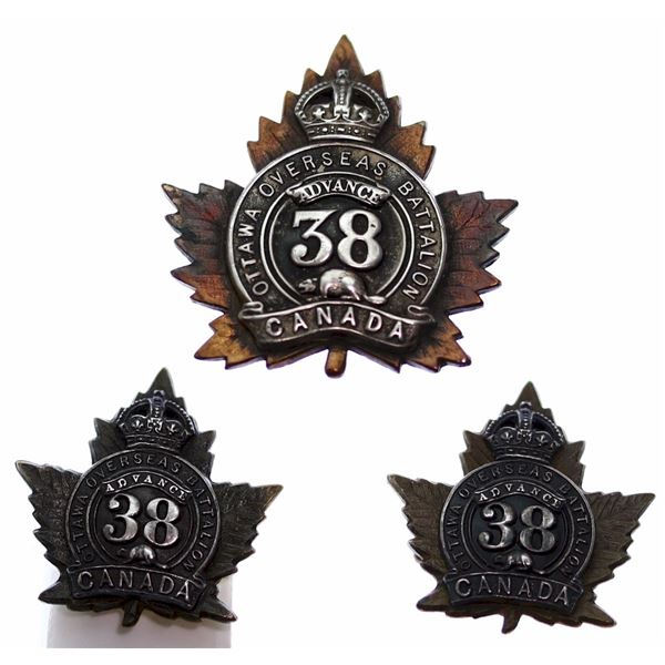 Militaria Insignia C.E.F. WW1; 38th Battalion (Ottawa) Officer's Cap & Collar Badges (w/Guant maker 