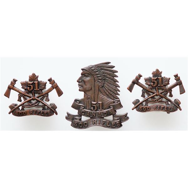 Militaria Insignia C.E.F. WW1; 51st Regiment ‘Soo Rifles’ Cap & Collar Badges.  Lo