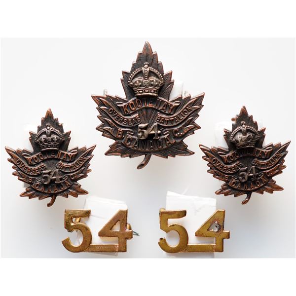 Militaria Insignia C.E.F. WW1; 54th Battalion (Kootenay. B.C.) Cap. Collar & Shoulder badges.  Lot o