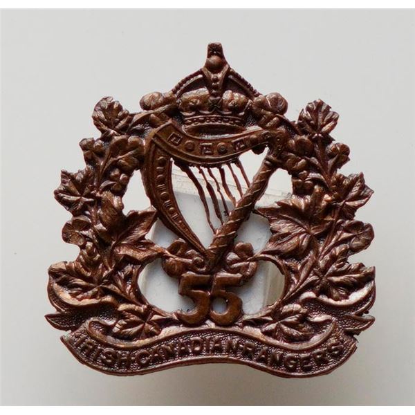 Militaria Insignia C.E.F. WW1; 55th Irish Canadian Rangers Cap Badge w/interior Harp design.