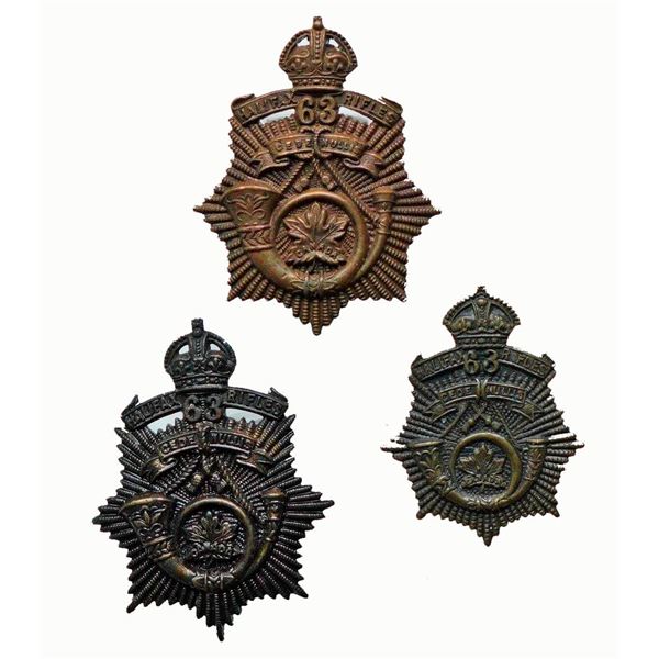 Militaria Insignia C.E.F. WW1;  63rd Halifax Rifles Cap Badge & Collar Badges.  Lot of 3 pcs.