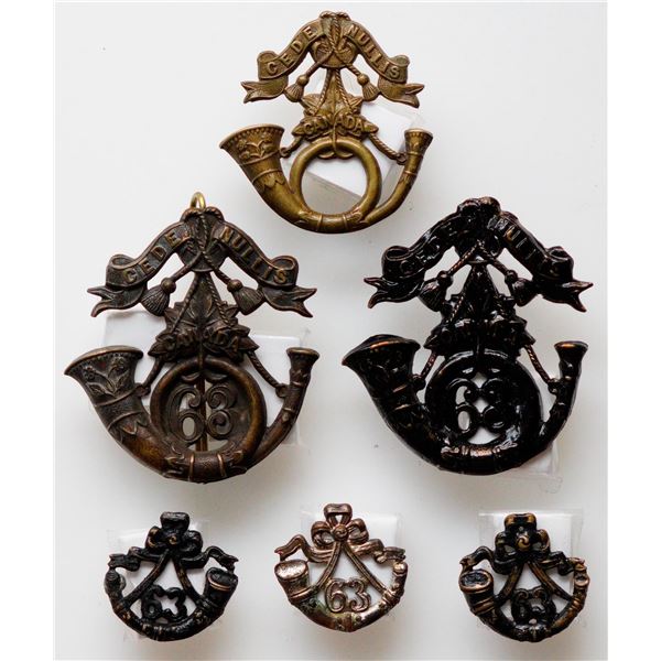 Militaria Insignia C.E.F. WW1;  63rd Halifax Battalion of Rifles Cap Badge & Collar Badges.  Lot of 