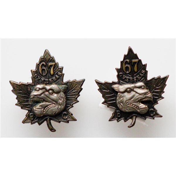 Militaria Insignia C.E.F. WW1; 67th Battalion (B.C. Highlanders) Officer's Collar Badges. brass w/Wm