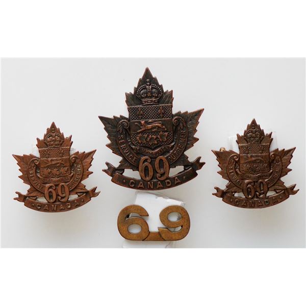 Militaria Insignia C.E.F. WW1; 69th Battalion (St. John. Quebec) Cap. Collar & Shoulder Badges.  Lot