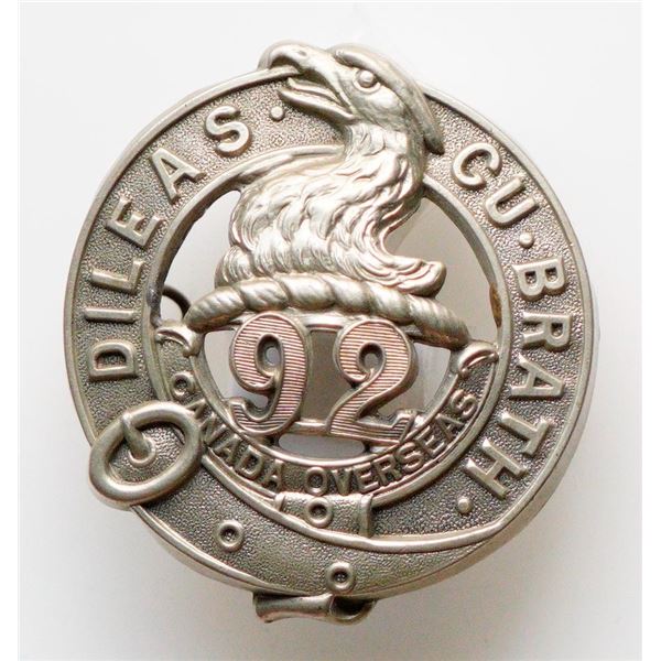 Militaria Insignia C.E.F. WW1;  92nd Overseas Infantry Battalion Buckle Cap Badge.