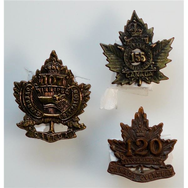 Militaria Insignia C.E.F. WW1; 107th (Winnipeg) . 120th Battalion (Hamilton) & 155th Battalion (Hast