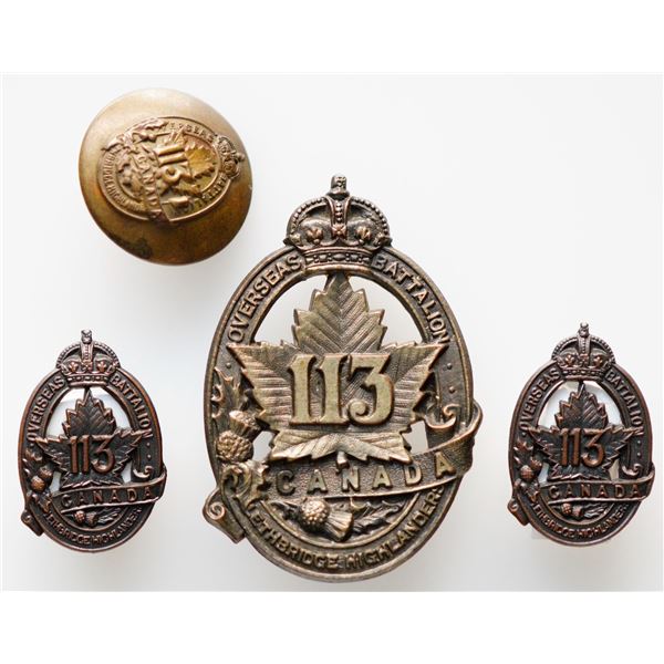 Militaria Insignia C.E.F. WW1; 113th Infantry Battalion - Lethbridge Highlanders Cap. Collar and But