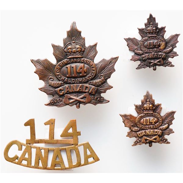 Militaria Insignia C.E.F. WW1; 114th Battalion (Brock's Rangers) Cap. Collar & Shoulder Badges.  Lot