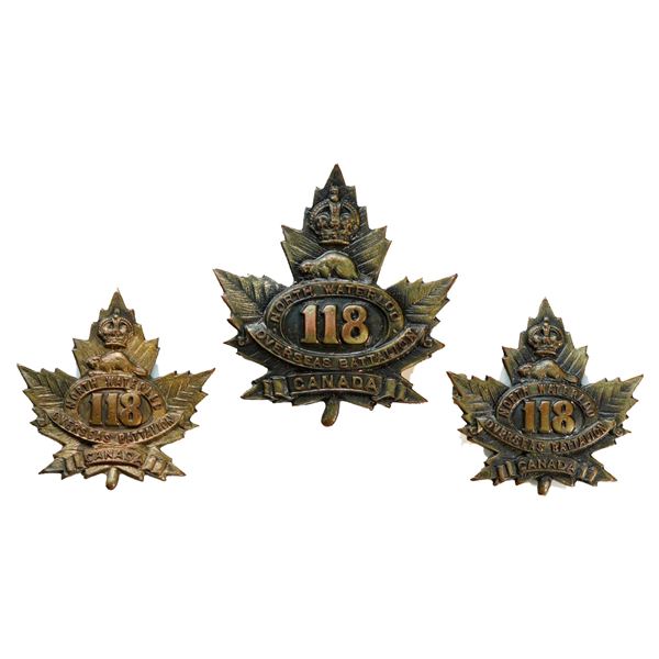 Militaria Insignia C.E.F. WW1; 118th Battalion (North Waterloo) Cap  & Collar Badges.  Lot of 3 pcs.
