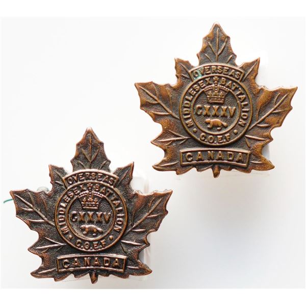Militaria Insignia C.E.F. WW1; 135th Battalion (Middlesex Battalion) Shoulder Badges.   Lot of 2 pcs