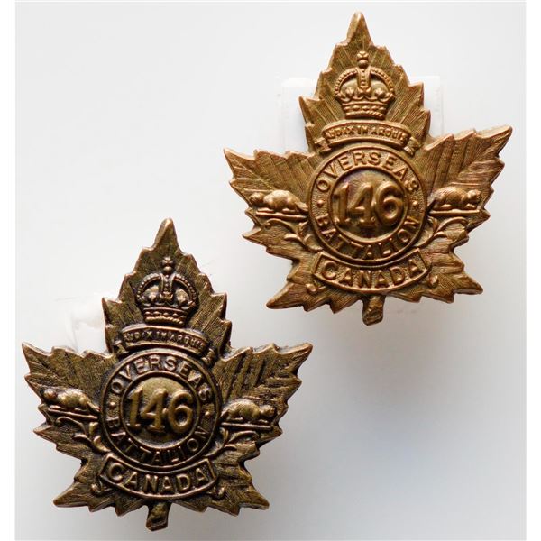 Militaria Insignia C.E.F. WW1; 146th Battalion (Kingston) Collar Badges.  Lot of 2 pcs.  See Pic.