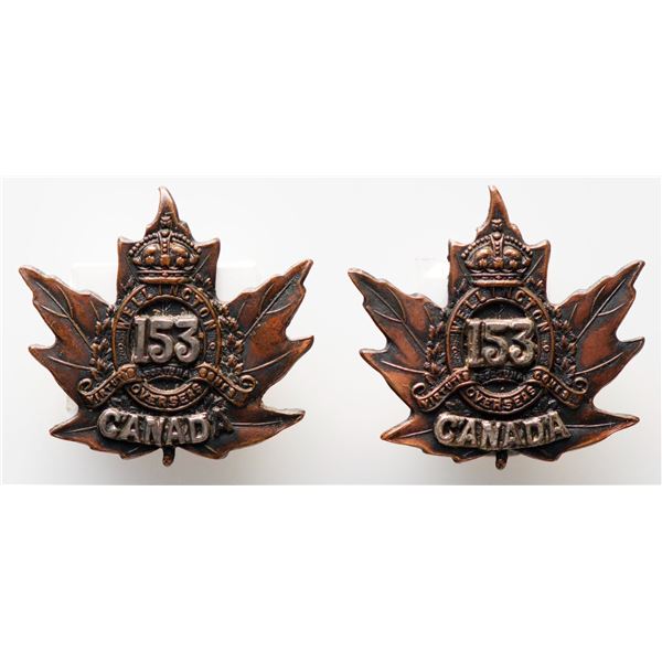 Militaria Insignia C.E.F. WW1; 153rd Battalion (Wellington County) Collar Badges.  Lot of 2 pcs.  Se