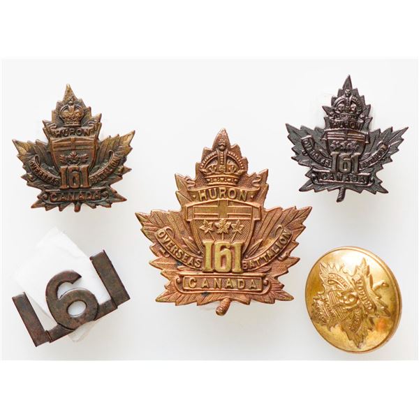 Militaria Insignia C.E.F. WW1; 161st Battalion (Huron County) Cap. Collar &Shoulder Badges & Button.