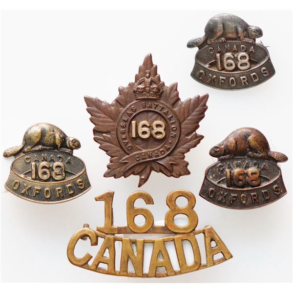 Militaria Insignia C.E.F. WW1; 168th Battalion (Woodstock) Cap. Collar & Shoulder Badges.  Lot of 5 
