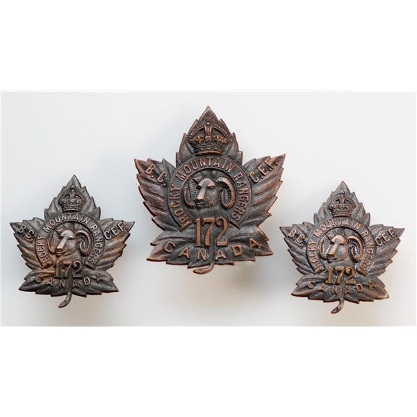 Militaria Insignia C.E.F. WW1; 172nd Rocky Mountain Rangers Battalion Cap & Collar Badges.  Lot of 3