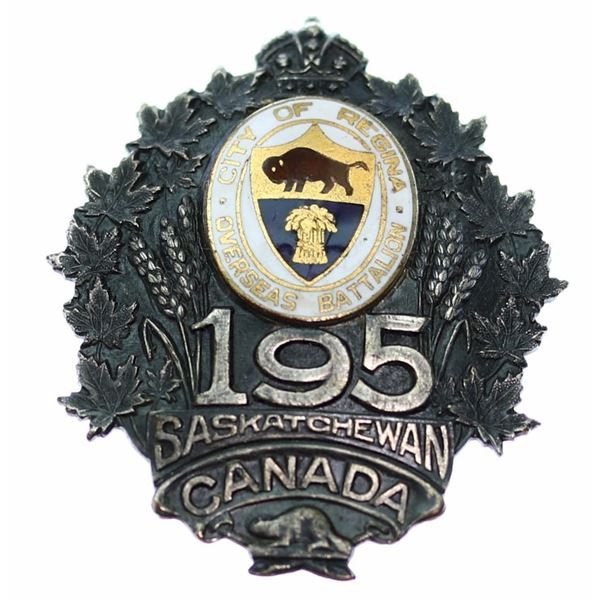 Militaria Insignia C.E.F. WW1; 195th Battalion (Regina) Officer's Cap Badge (enamel centre). Geo. H.