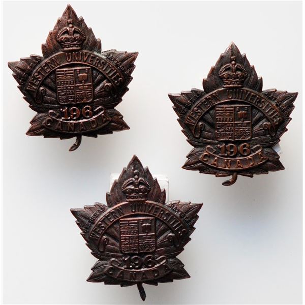 Militaria Insignia C.E.F. WW1; 196th Battalion (Western Universities) Collar Badges.  Lot of 3 pcs. 