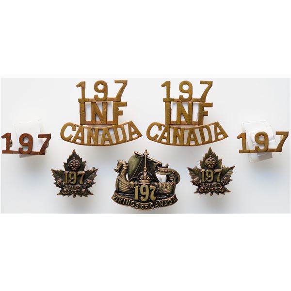 Militaria Insignia C.E.F. WW1; 197th Battalion (Vikings of Canada) Cap & Collar Badges & Shoulder Ti