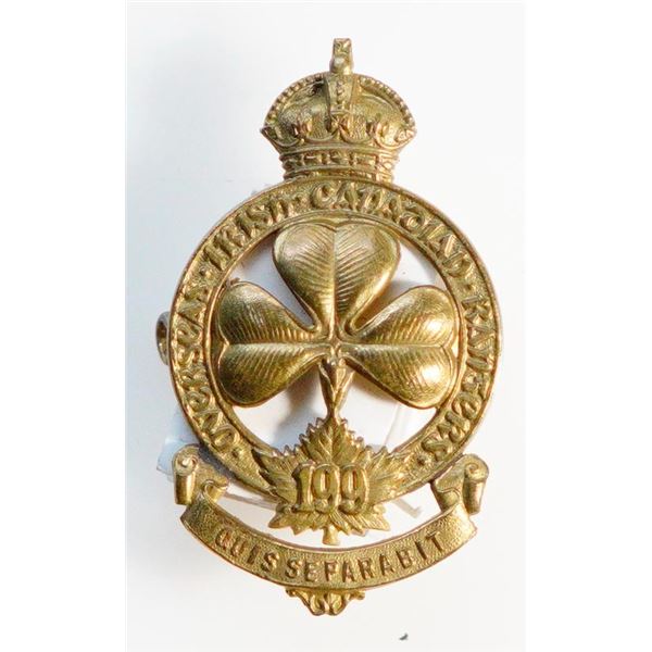 Militaria Insignia C.E.F. WW1; 199th Irish Canadian Rangers Battalion Cap Badge.  See Pic.