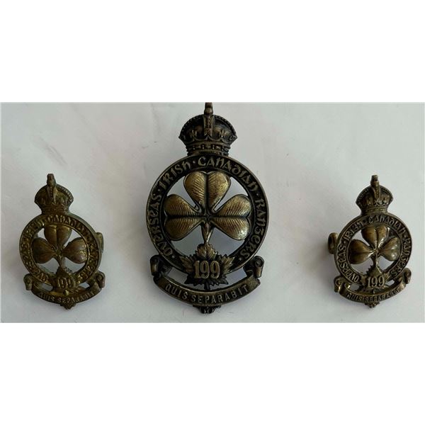 Militaria Insignia C.E.F. WW1; 199B-199th Battalion (Irish Canadian Rangers) Cap Badge Cap & Collar 
