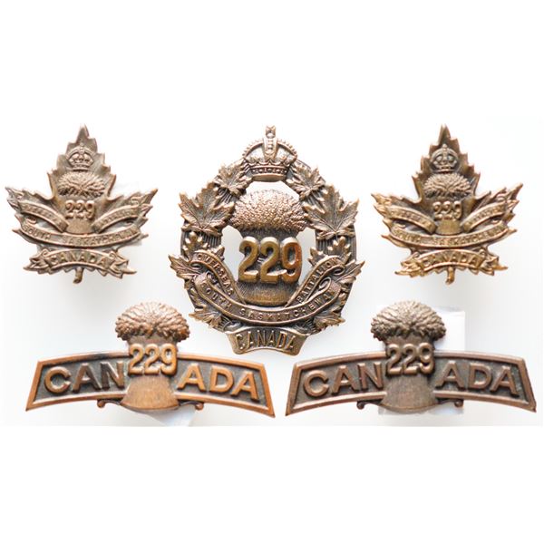 Militaria Insignia C.E.F. WW1; 229th Battalion (South Saskatchewan) Cap. Collar and Shoulder Badges.