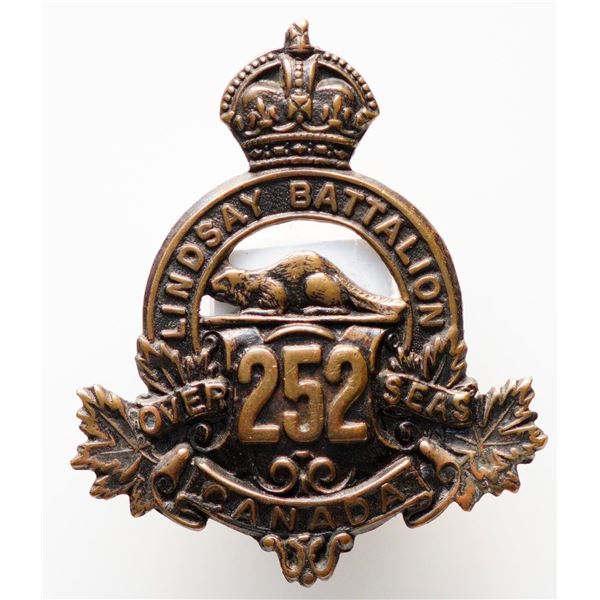 Militaria Insignia C.E.F. WW1; 252nd Battalion (Lindsay. Ontario) Cap.  19.3mm X 41.8mm.  See Pic.