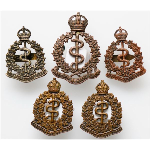Militaria Insignia C.E.F. WW1;  Canadian Medical Corps Cap & Shoulder Badges.  Lot of 5 pcs.  See Pi