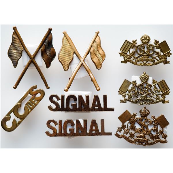 Militaria Insignia C.E.F. WW1; The Canadian Signal Corps Cap. Collar & Shoulder Badges.  Lot of 7 pc