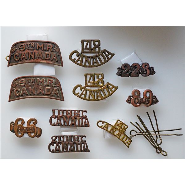 Militaria Insignia C.E.F. WW1;  Lot of 10 various Shoulder Titles includes  1st & 2nd Depot Battalio