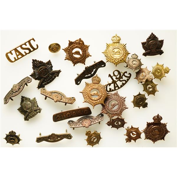 Militaria Insignia C.E.F. WW1; Canadian Army Service Corps (CASC) Cap. Collar & Shoulder Badges.  Lo